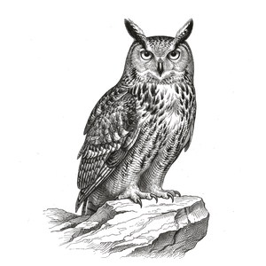 Un hibou grand-duc posé sur une dalle calcaire, gravure