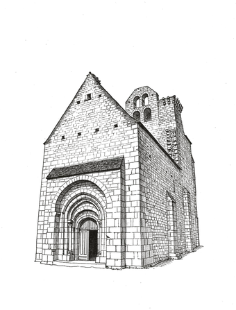 L'église Saint-Pantaléon de Sergeac gravée d'après une photographie de son portail occidental